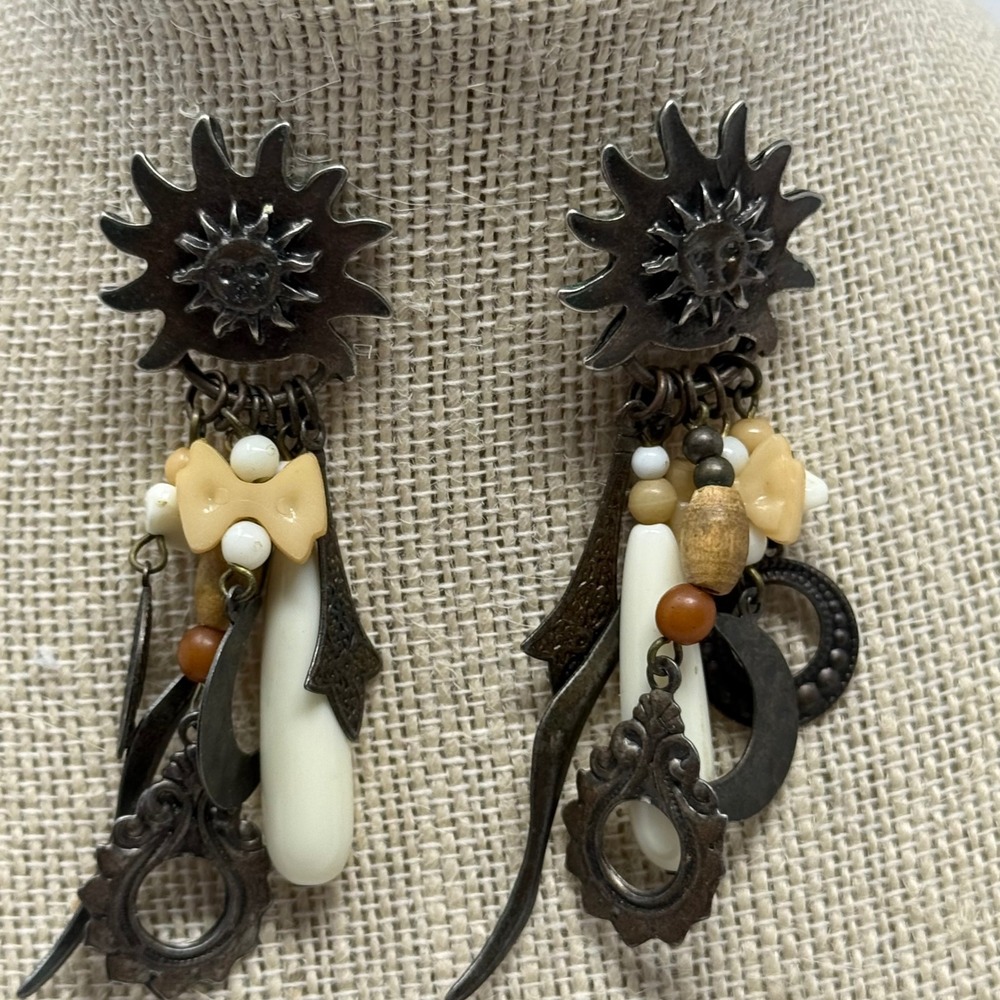 Celestial Sun Moon Bow Dangle Earrings Silver Tone‎ Mixed Media Whimsigoth 3.5"